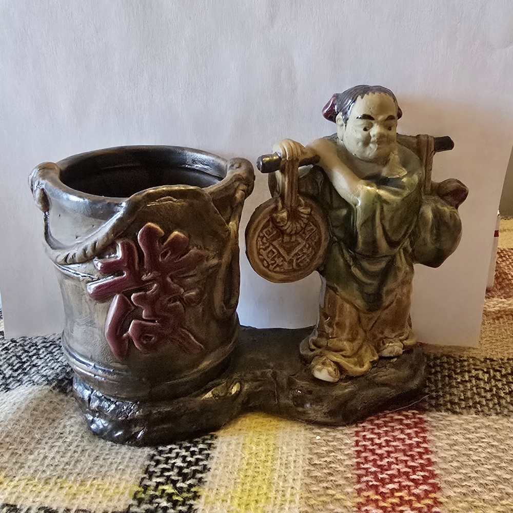 Artisan Ceramic Figurine with Bucket - Brown and Green